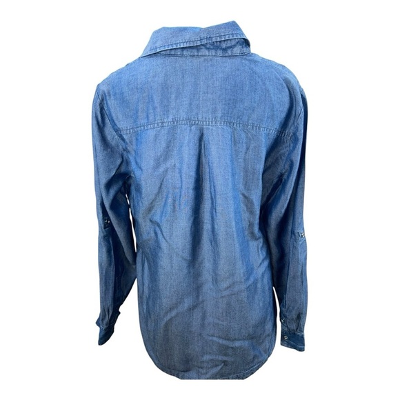 NEW YORK & COMPANY soho Blue Denim Button Knot Front Roll Tab Sleeve Shirt Sz M - Picture 2 of 12